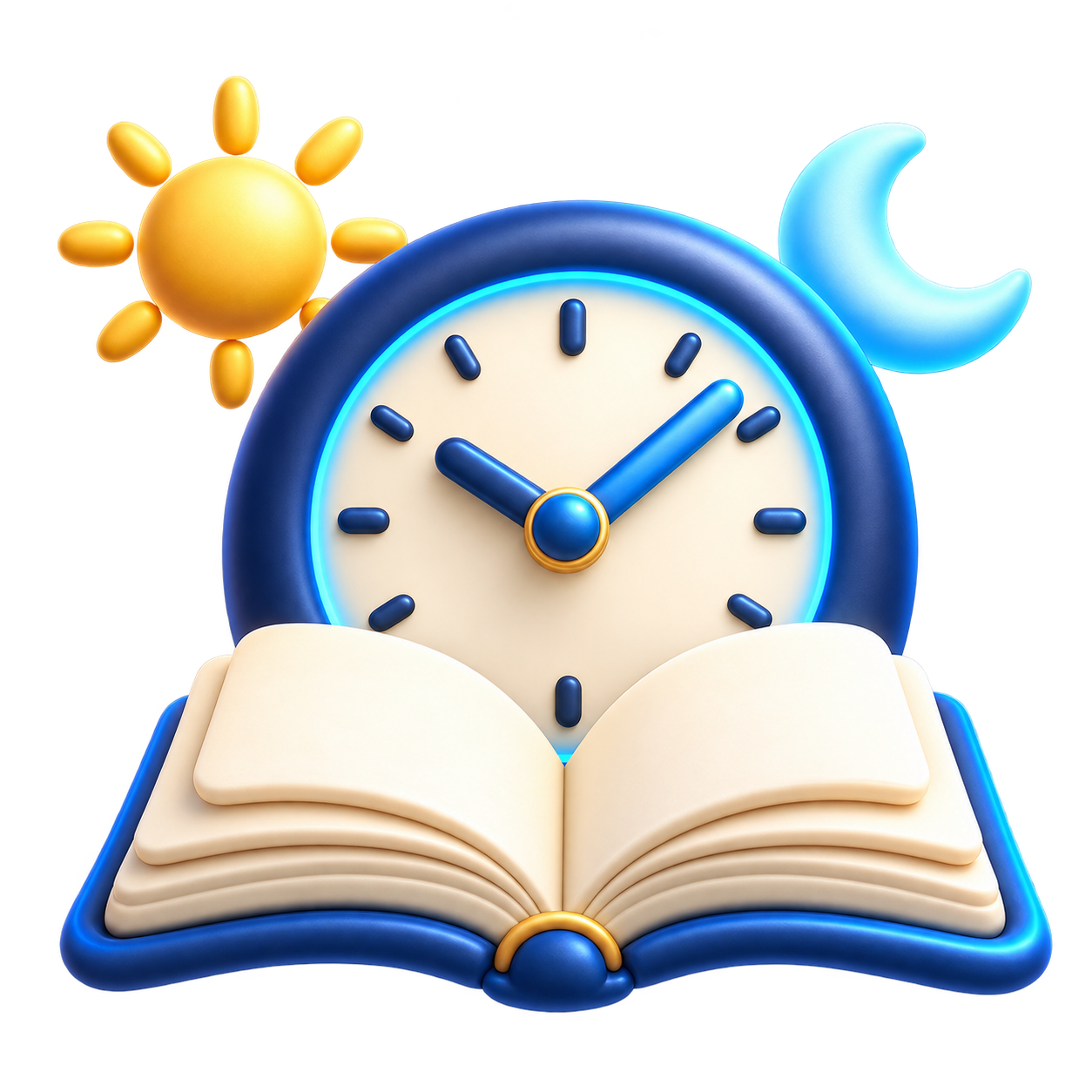 A clay clock, open book, sun and moon representing learning day and night.