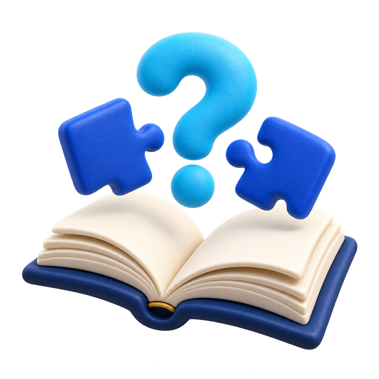 Clay book, puzzle pieces, and a question mark.